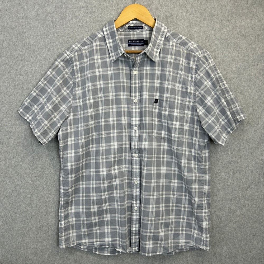 Fish Hippie Rumfront Collection Cotton Button Down Shirt Gray Plaid Mens Large